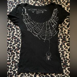 Scoop Neck Goth T w/ Silver Spider Spiderweb Print